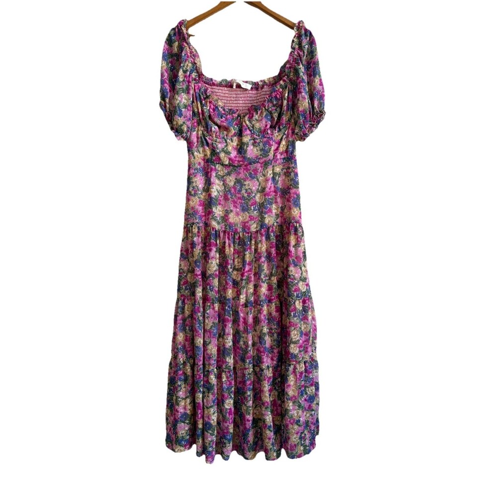 ASTR Sweetheart Puff Sleeve Smocked Midi Dress M Sweetheart Neckline